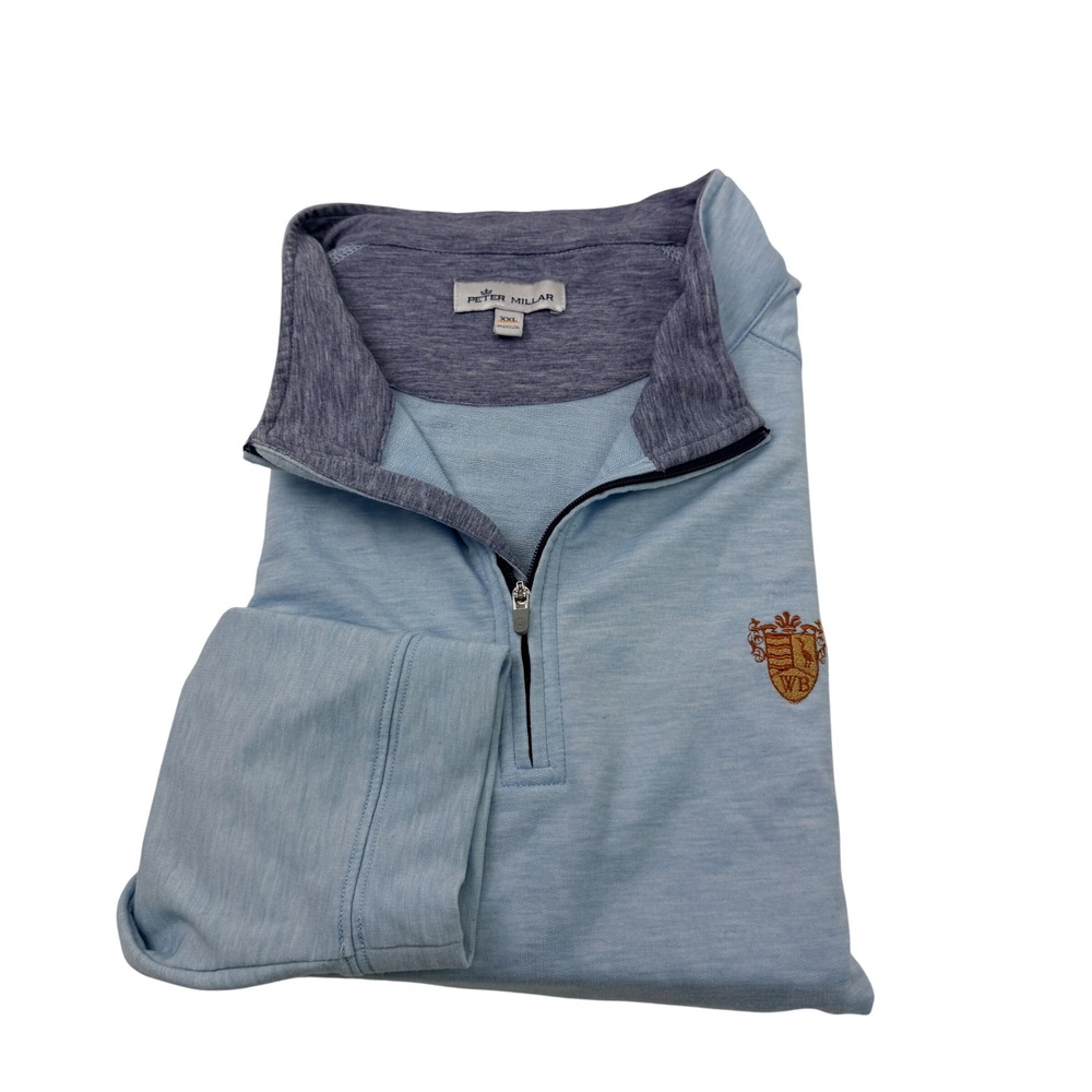 Peter Millar Mens XXL 1/4 Zip Pullover Sweater Light Blue Heather WB Crest Logo